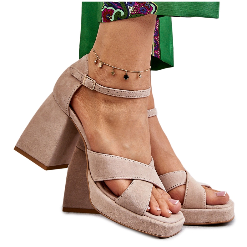 Lewski Shoes Women's Suede Sandals With Heels Left Shoes 3221 Beige brown