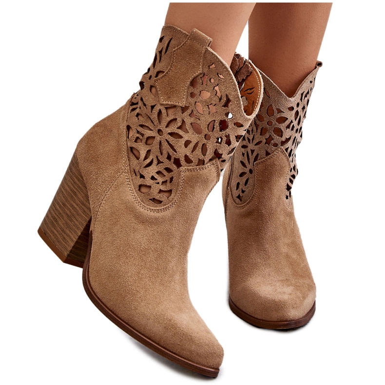 Lewski Shoes Suede Openwork Cowboy Boots Leski Shoes 3265 Dark Beige