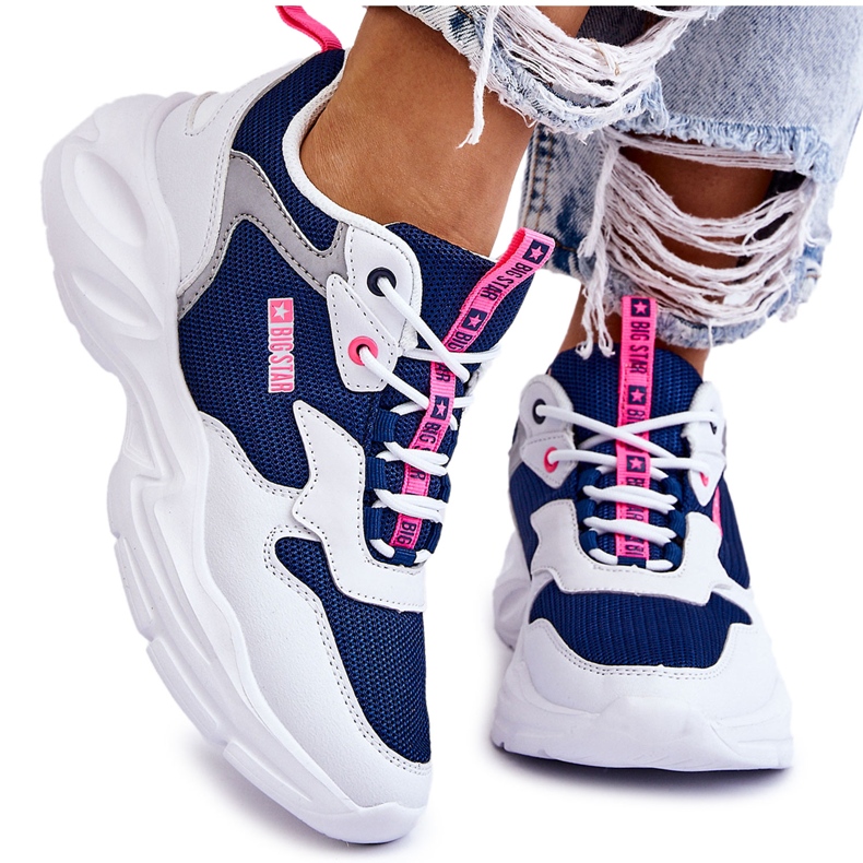 Women's Light Sports Shoes Big Star LL274376 White and Navy navy blue