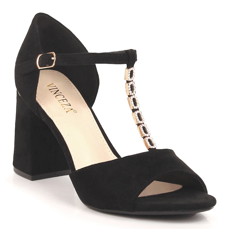 Women's suede sandals on a post with zircons black Vinceza 20195