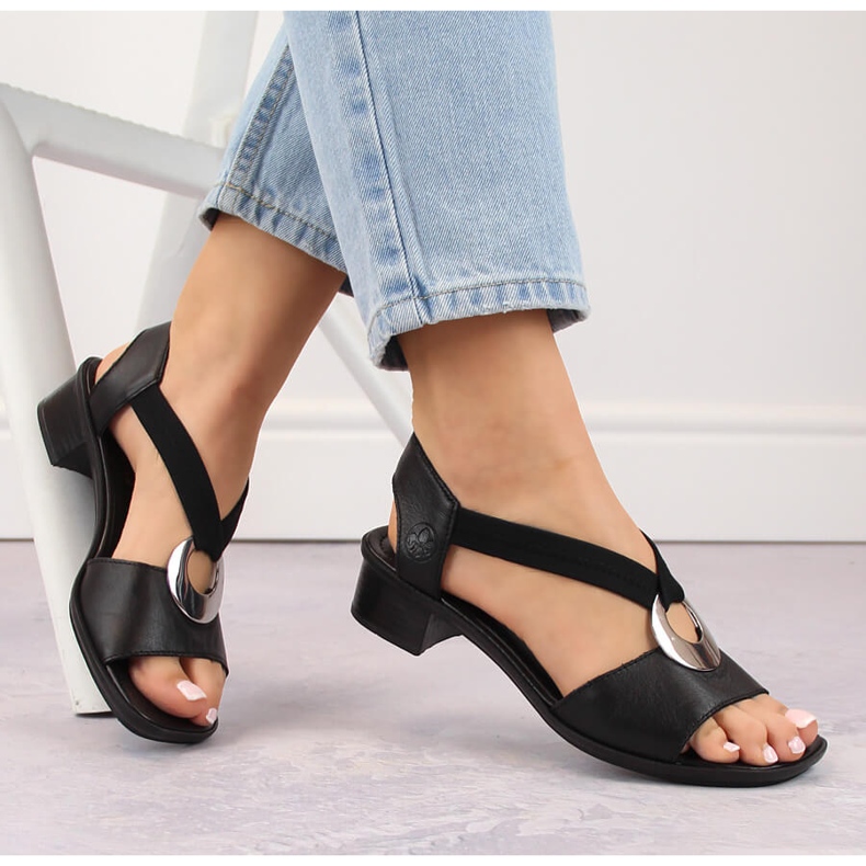 Women's leather sandals with rubber bands black Rieker 62662-01
