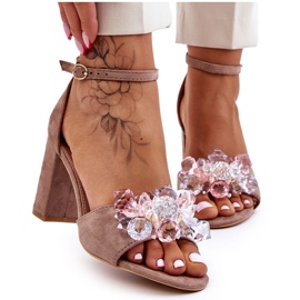 Elegant Sandals With Crystals On Dark Beige Cameron High Heels