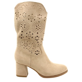 M.Daszyński Women's openwork ankle boots, suede, J.Beige