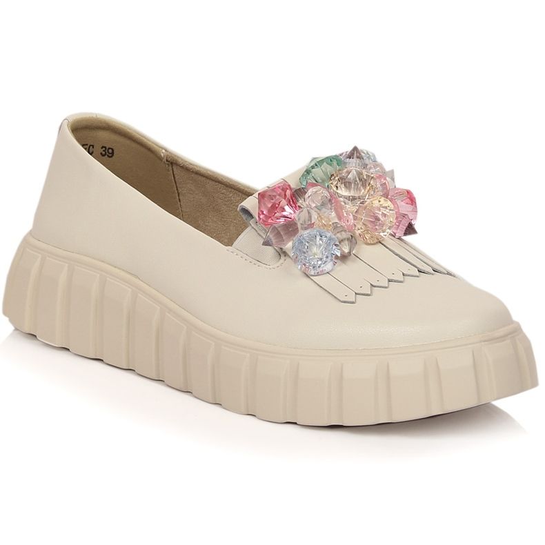 Women's leather shoes on the platform with decorative stones Filippo DP4593/23 ecru