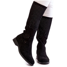 S.Barski Women's Suede Openwork Over Knee Boots Black Savannah