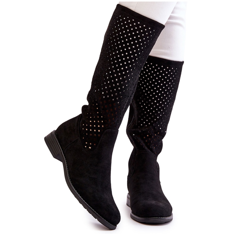 S.Barski Women's Suede Openwork Over Knee Boots Black Savannah