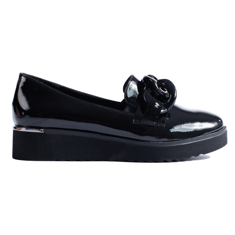 Vinceza Shelovet black lacquered platform loafers with chain