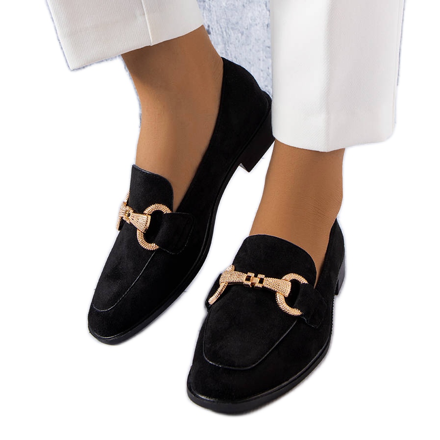 Womens black loafers with gold buckle sales