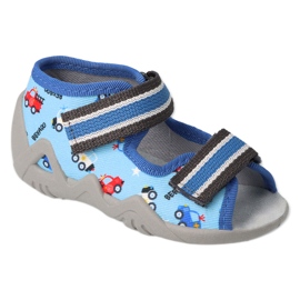 Befado children's slippers with leather insert 350P036 blue with cars pattern