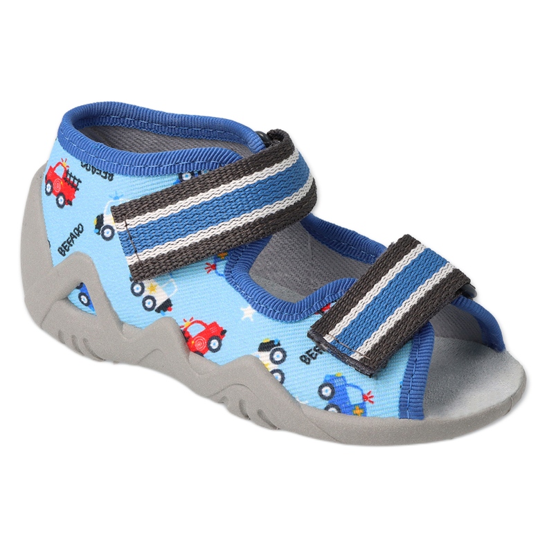 Befado children's slippers with leather insert 350P036 blue with cars pattern
