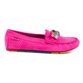 Pink women's openwork loafers with crystals Shelovet suede