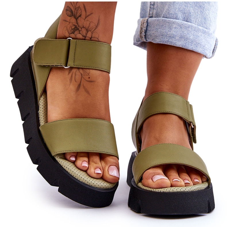 Vinceza Women's Leather Platform Sandals Green Katte