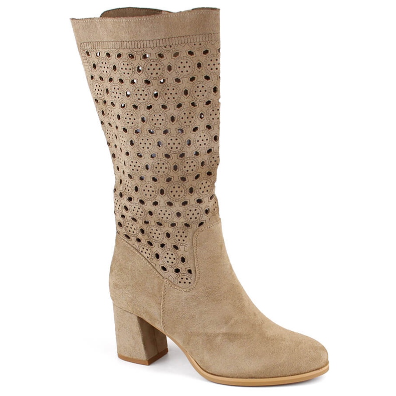 M. DASZYŃSKI Women's openwork suede boots M.Daszyński SA156-10 beige