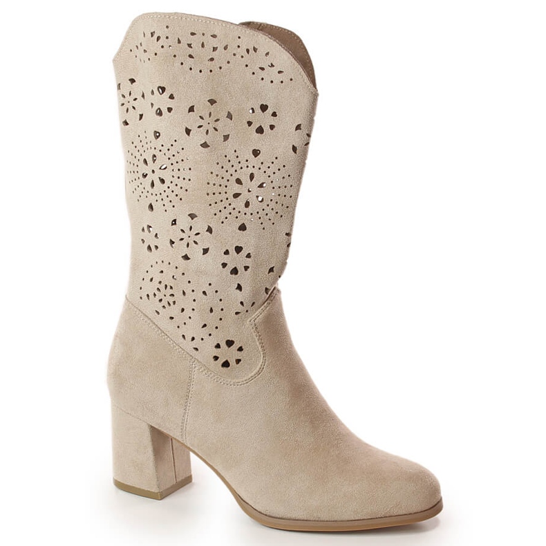M. DASZYŃSKI Women's spring openwork beige cowboy boots M.Daszyński SA156-11