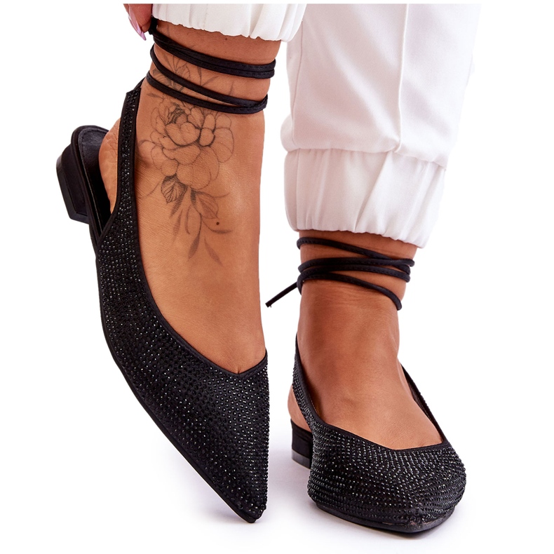 Tied Black Mavis Ballerinas With Rhinestones