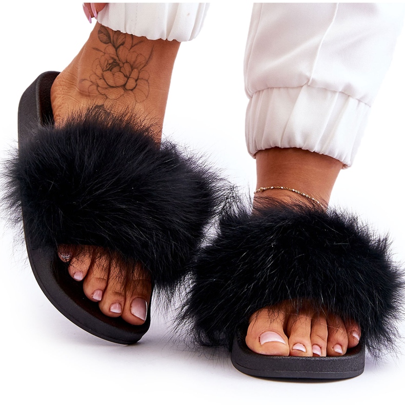 Women's Rubber Slippers With Fur Black Lucrece