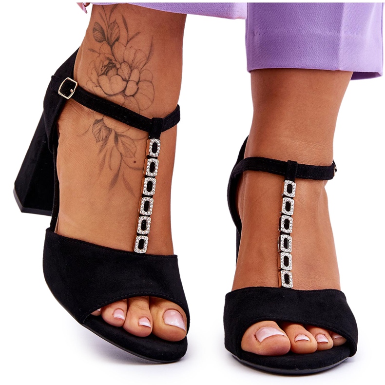 Vinceza Black Aniya Suede High Heel Sandals With Cubic Zirconia