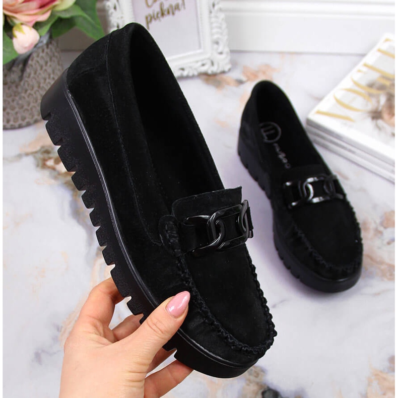 Women's black leather moccasins on the platform Filippo DP3334