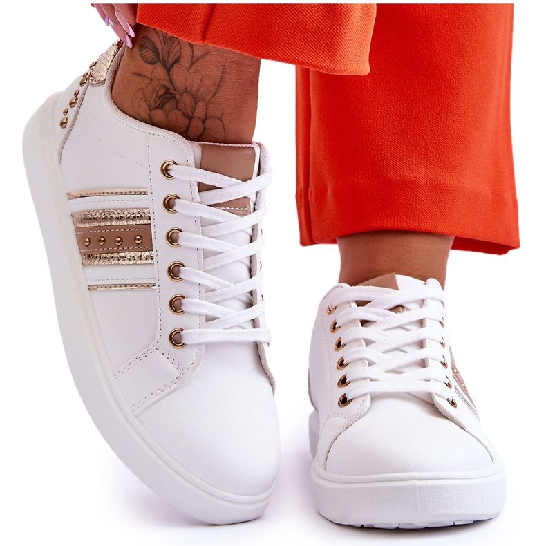 Women's Leather Sneakers With Studs White And Gold Dory