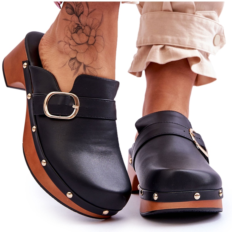 FI1 Women's Leather Slippers Clogs Black Fanett