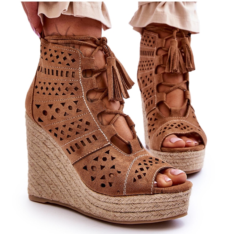 Suede Openwork Wedge Boots Camel Berthe beige