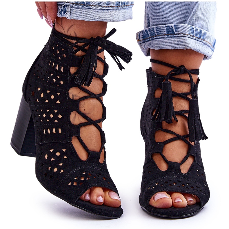 FB1 Openwork Black High Heel Boots Letya