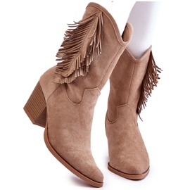 S.Barski Women's Low Suede Cowboy Boots With Fringes, Beige