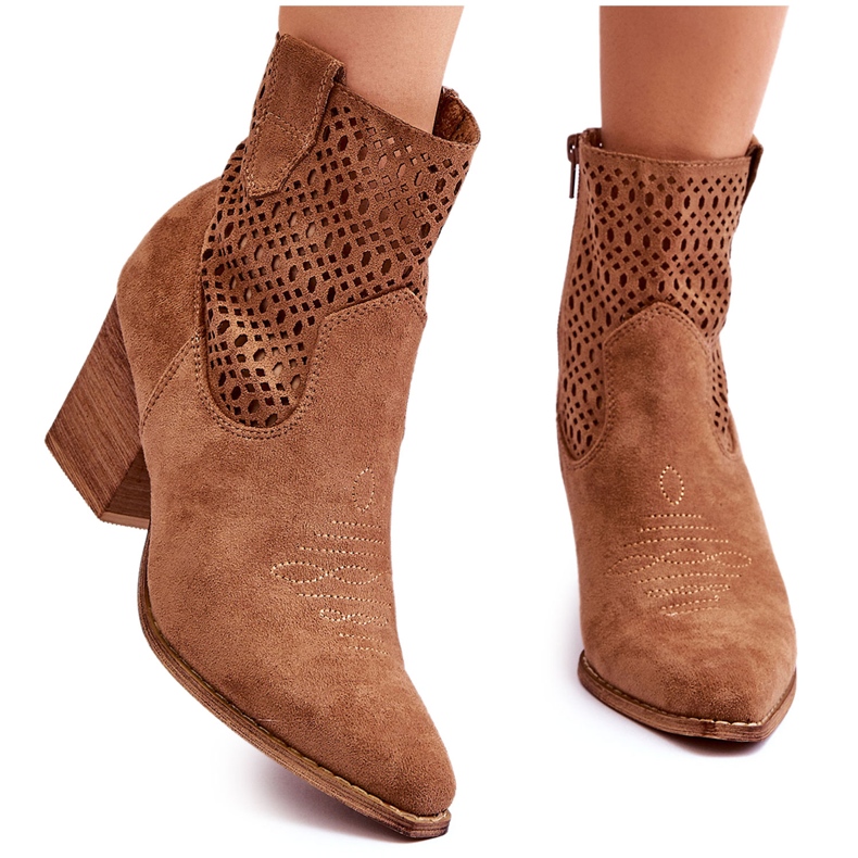 FB1 Women's Suede Cowboy Boots On Heel Brown Norvella beige