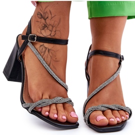 Leather Sandals With Rhinestones On Heels Black Carlotta
