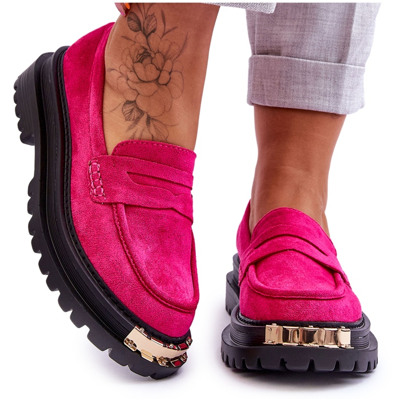 FJ1 Classic Suede Loafers With Fuchsia Monaro Embellishment pink