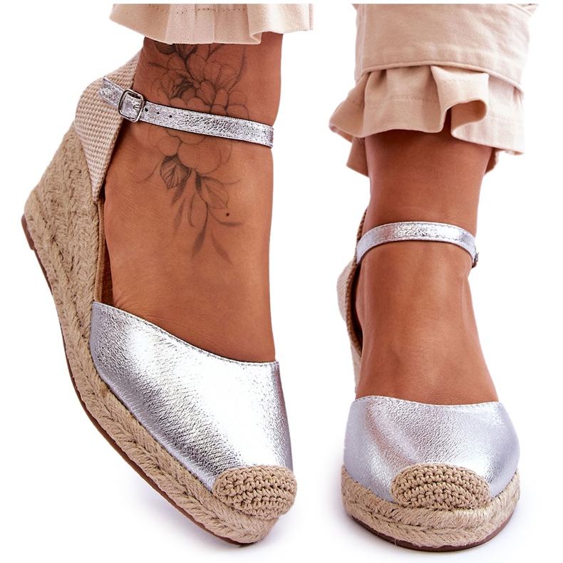 Leather Espadrilles Wedge Sandals Silver Cammer