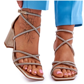 FJ1 Women's Leather Sandals With Zircons Gold Liviano High Heels golden