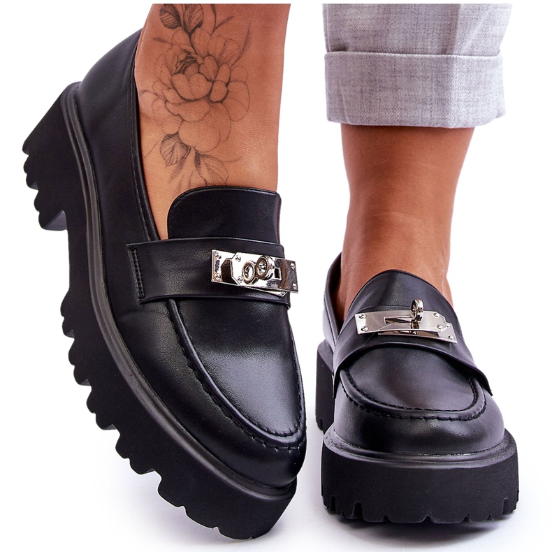Leather Moccasins With Platform Decoration Black Glory Leather Moccasins With Platform Decoration Black Glory