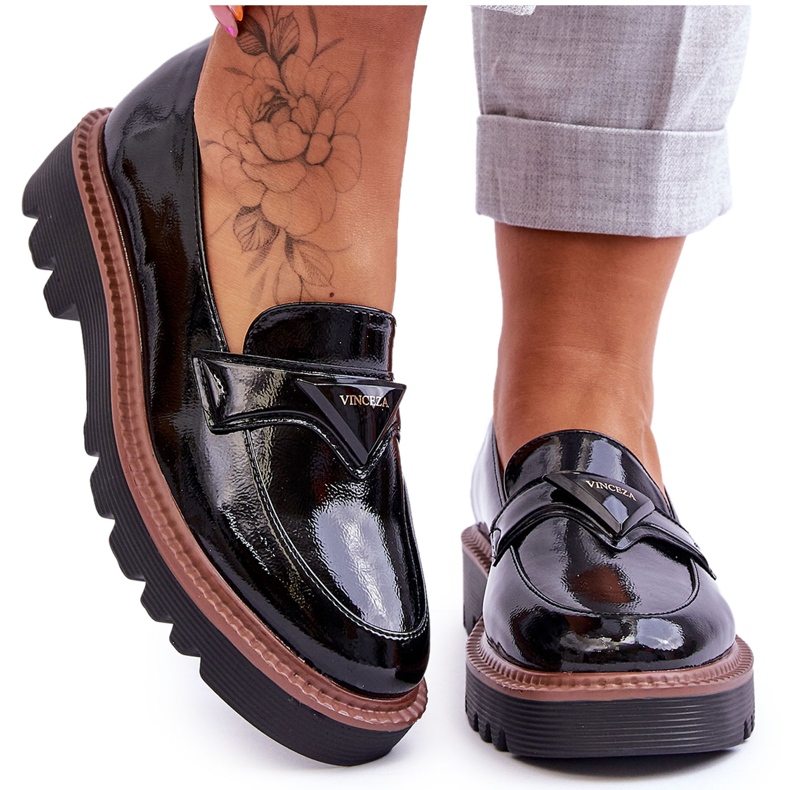 Vinceza Lacquered Women's Platform Loafers With Decoration Black Jonett