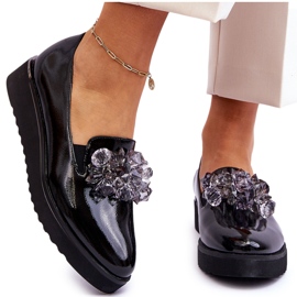 Vinceza Lacquered Wedge Loafers With Crystals Black Loresa Vinceza Lacquered Wedge Loafers With Crystals Black Loresa