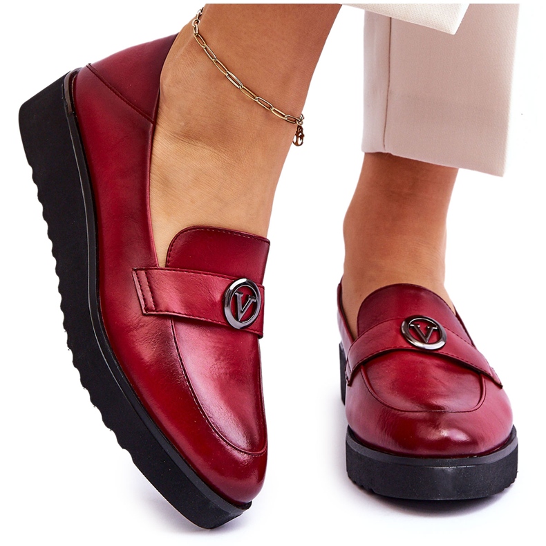 Vinceza Women's Leather Low Wedge Loafers Red Synthia