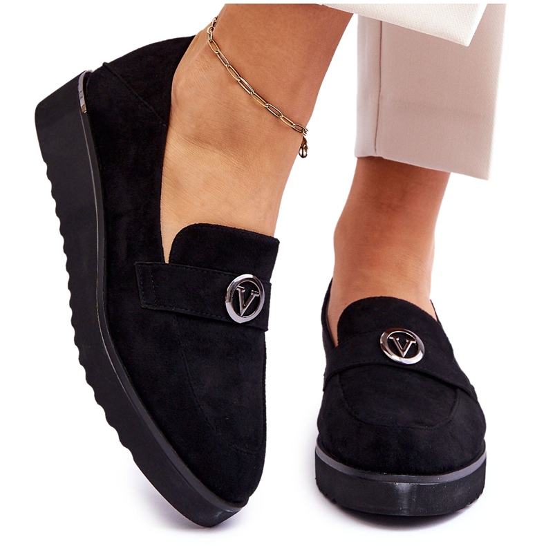 Vinceza Women's Suede Low Wedge Loafers Black Synthia