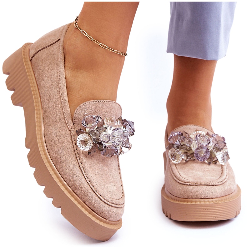Vinceza Fashionable suede loafers with crystals beige Demeris Vinceza Fashionable suede loafers with crystals beige Demeris