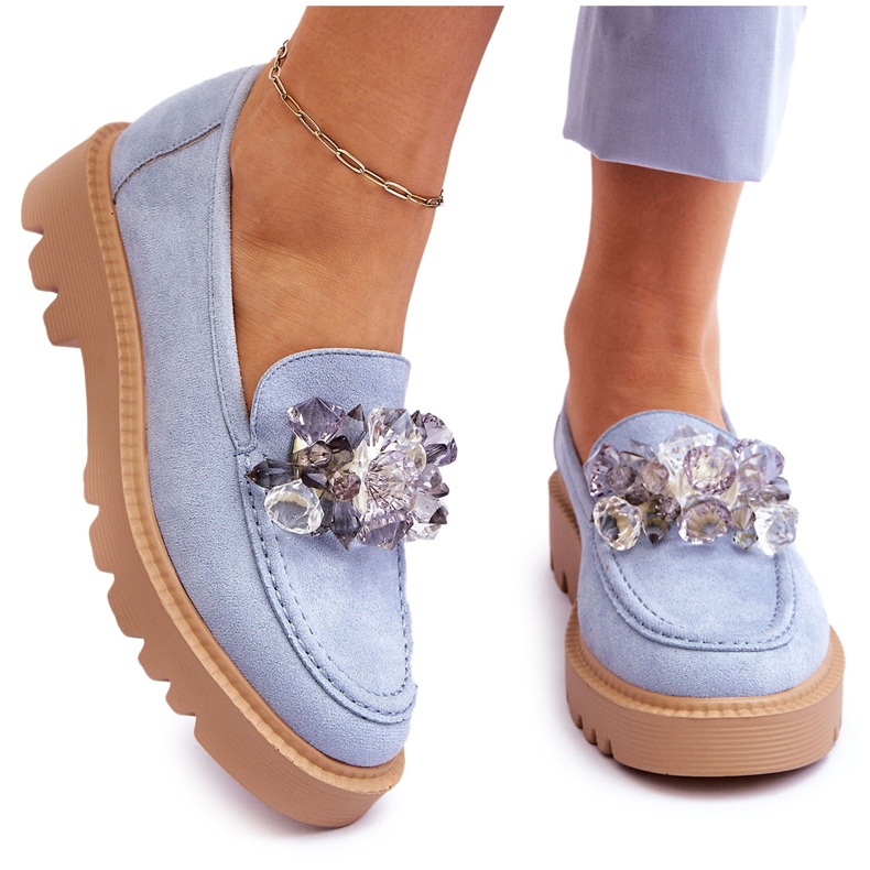 Vinceza Fashionable suede moccasins with crystals blue Demeris