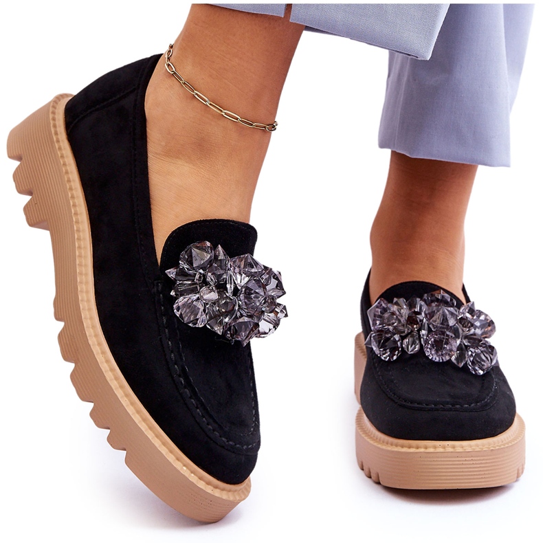 Vinceza Fashionable Suede Loafers With Crystals Black Demeris