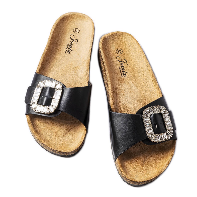 Black flip-flops decorated with zircons