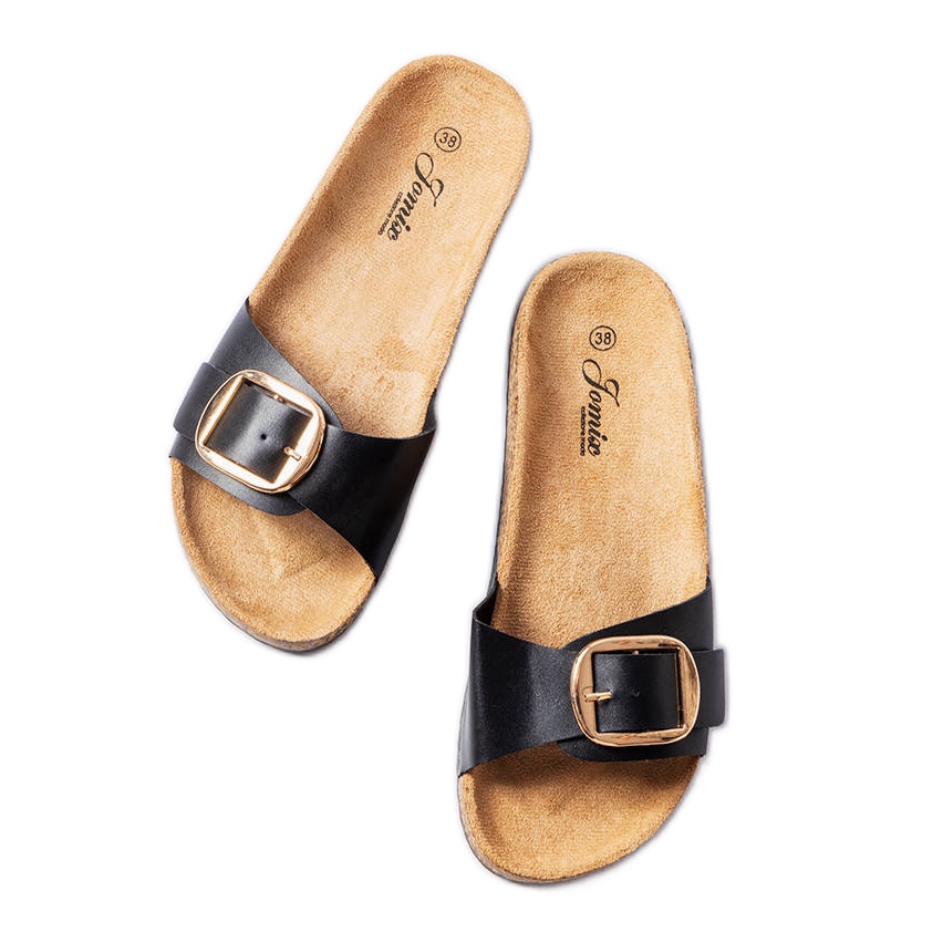 BM Benoit black sliders with a buckle KeeShoes
