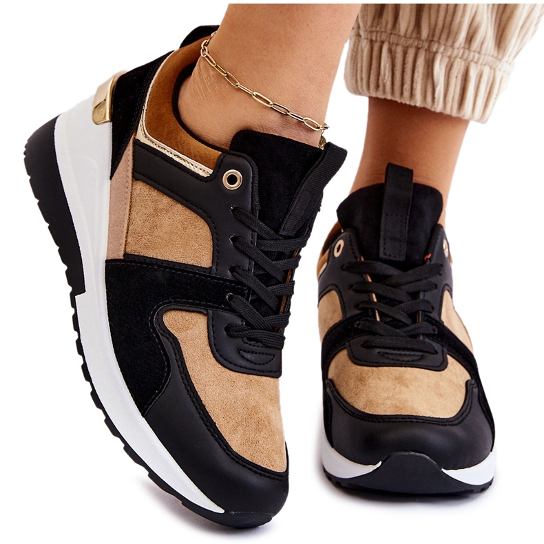 Classic Beige and Black Collide Wedge Sneakers brown
