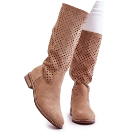 S.Barski Women's Suede Openwork Over Knee Boots Beige Savannah