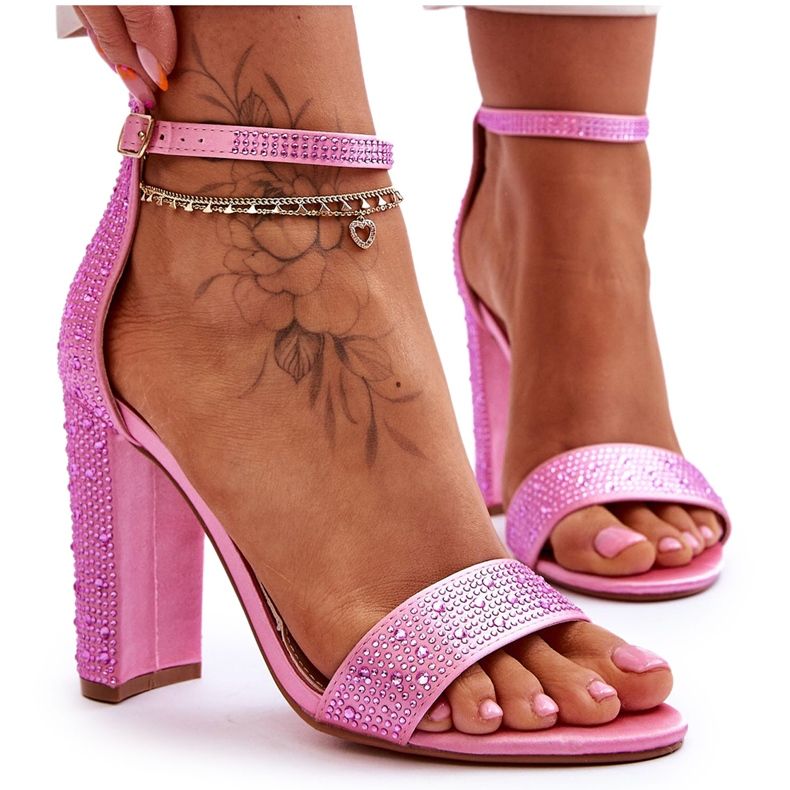 Women's Sandals On High Heels With Rhinestones Pink Idealistic