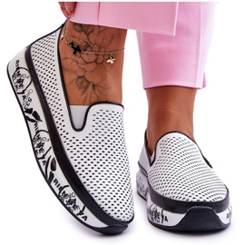 S.Barski Women's Openwork Leather Sneakers Slip-On White Sorito