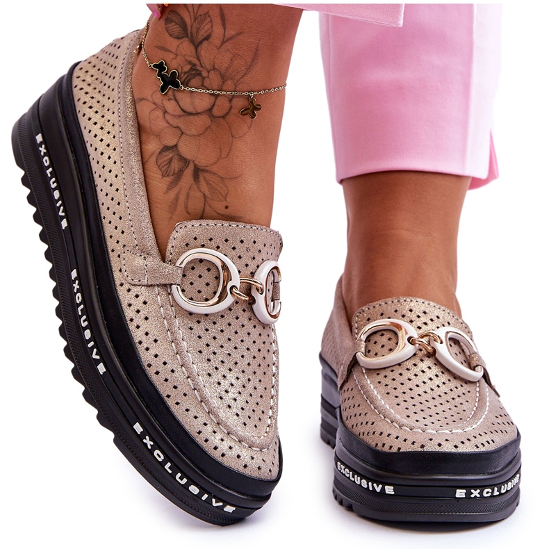 S.Barski Classic Openwork Leather Loafers With Gold Rendy Decoration golden
