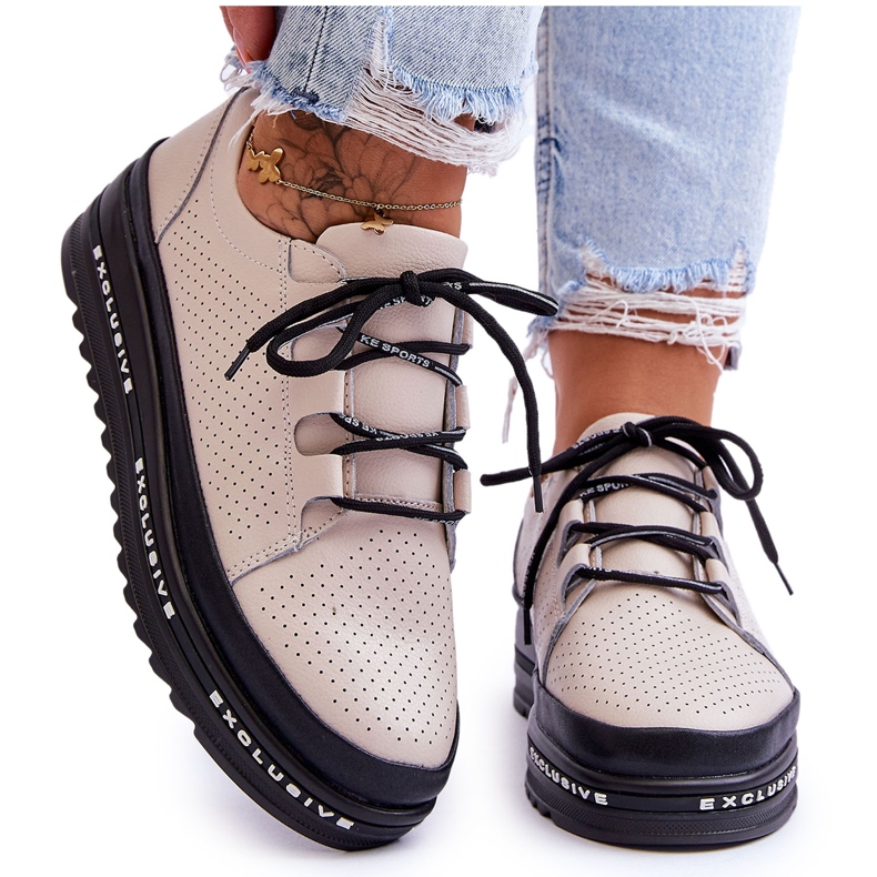 S.Barski Leather Openwork Sport Shoes Beige Leonor