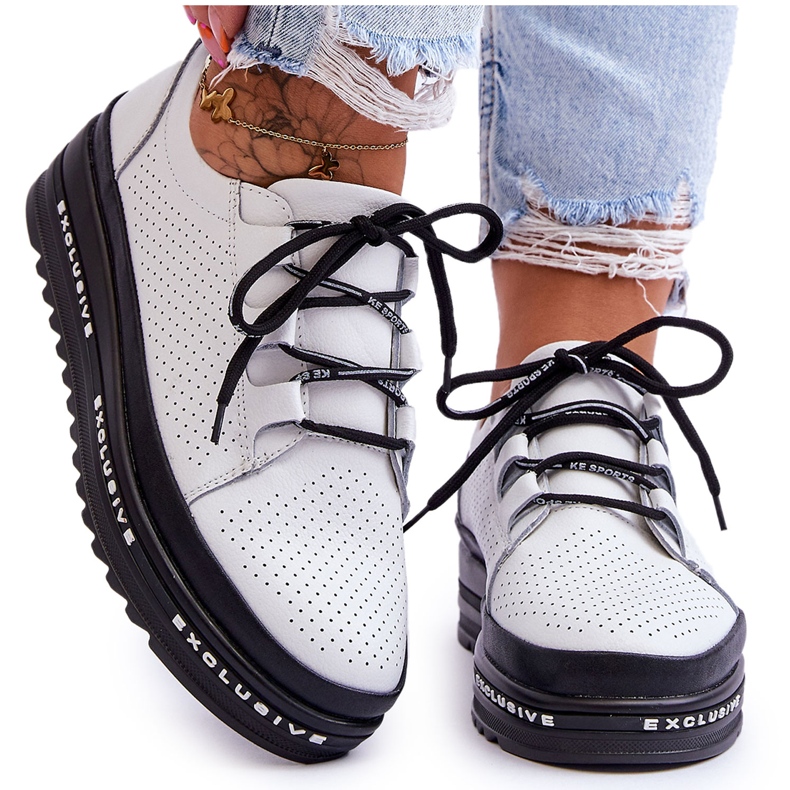 S.Barski Leather Openwork Sport Shoes White Leonor