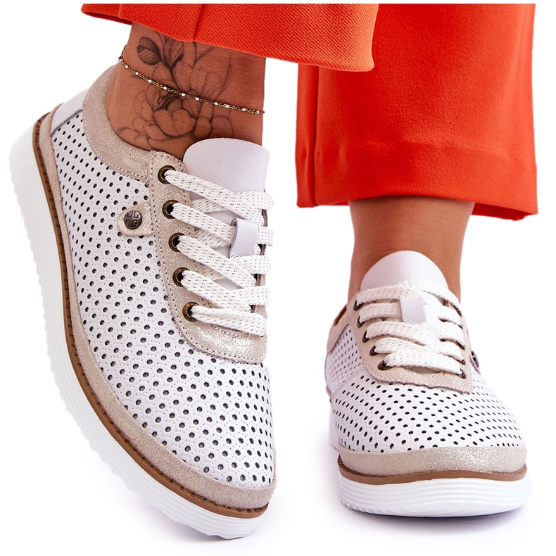 S.Barski Fashionable Leather Openwork Sports Shoes White and Gold Cantare S.Barski Fashionable Leather Openwork Sports Shoes White and Gold Cantare